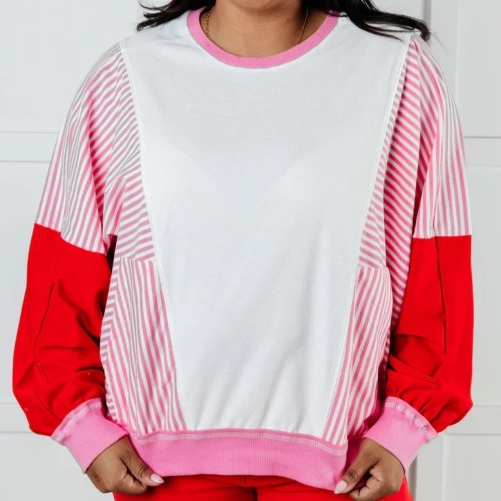 NWOT Oversized Dolman Sleeve Pink Striped Red White Color Block Pullover Sz L